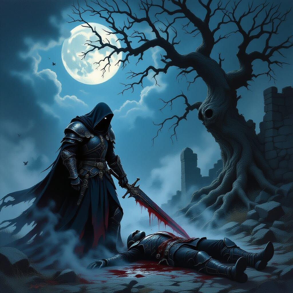 Vampire Death Knight in Moonlight Oil Painting