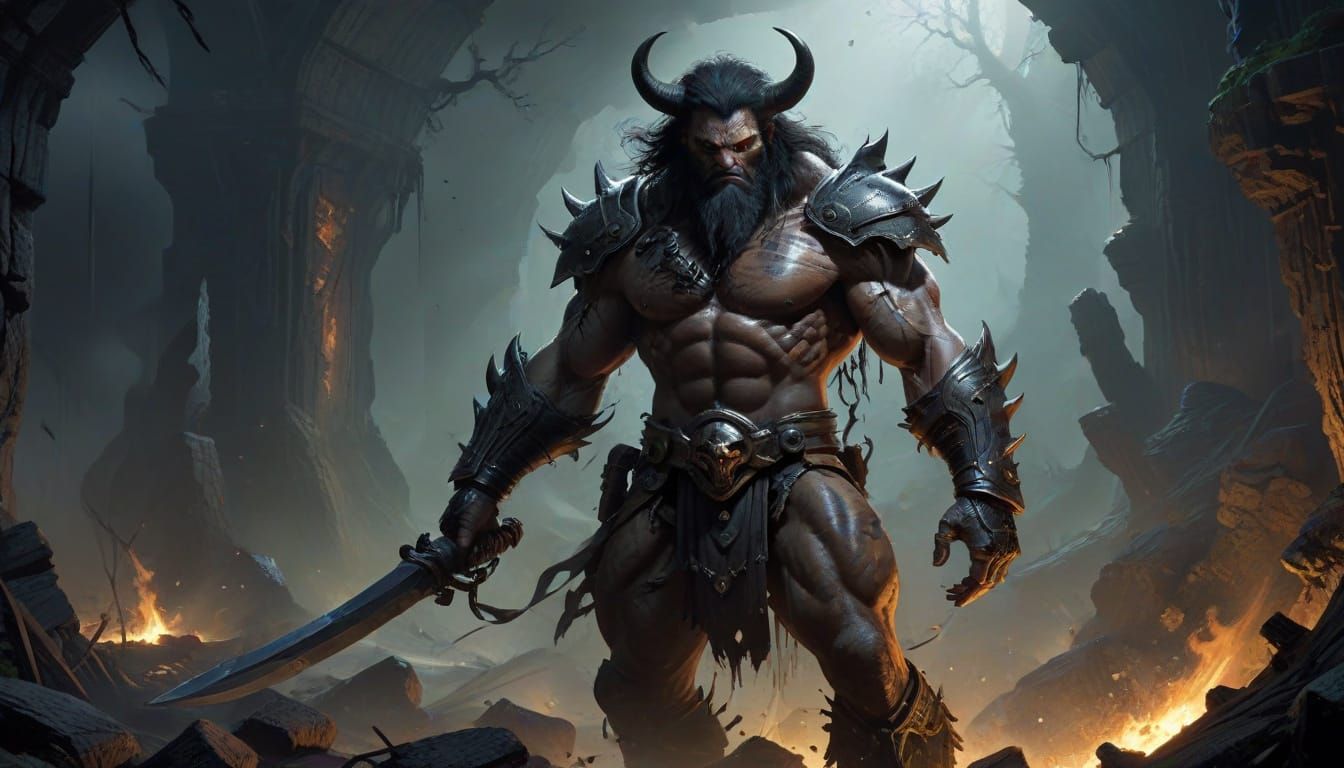 Colossal Warrior in Dark Ruins, Holding Massive Axe and Tatt...