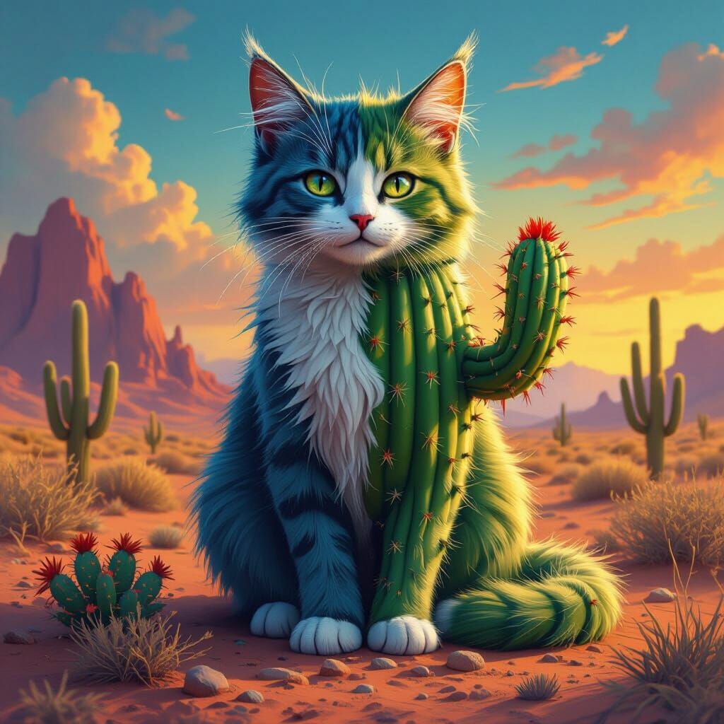 Mystical Cat-Cactus Hybrid in Fantasy Landscape
