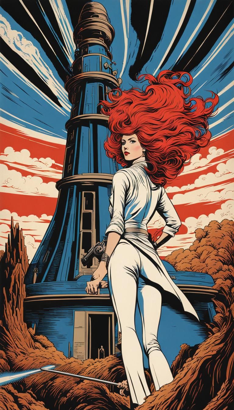 Girl with Laser Sword in Woodcut Print Style