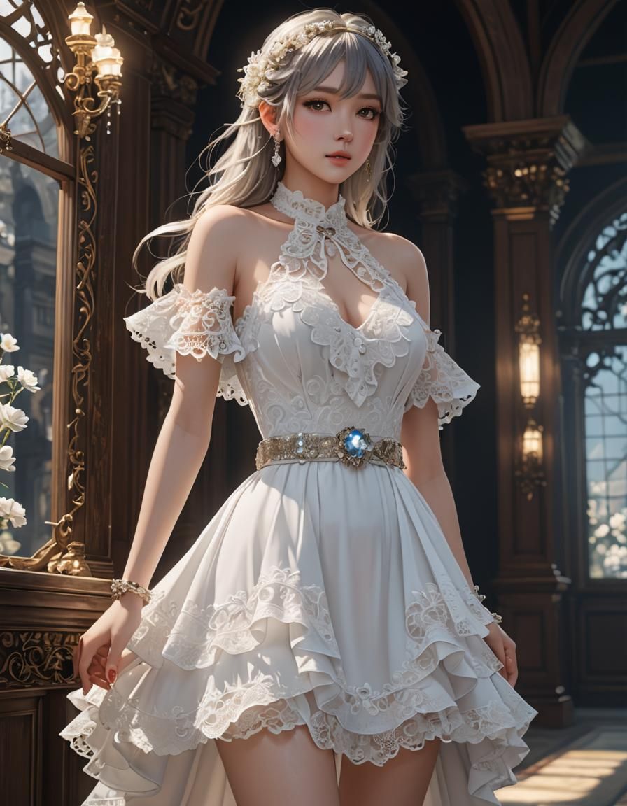 Lace Dress Anime Character in 3D Rendered Style