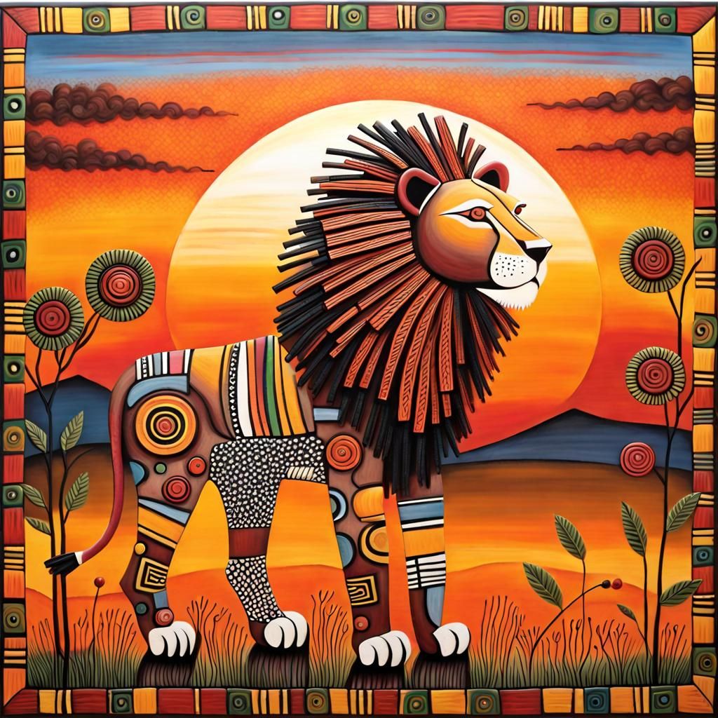 Lion in African Folk Art at Sunset