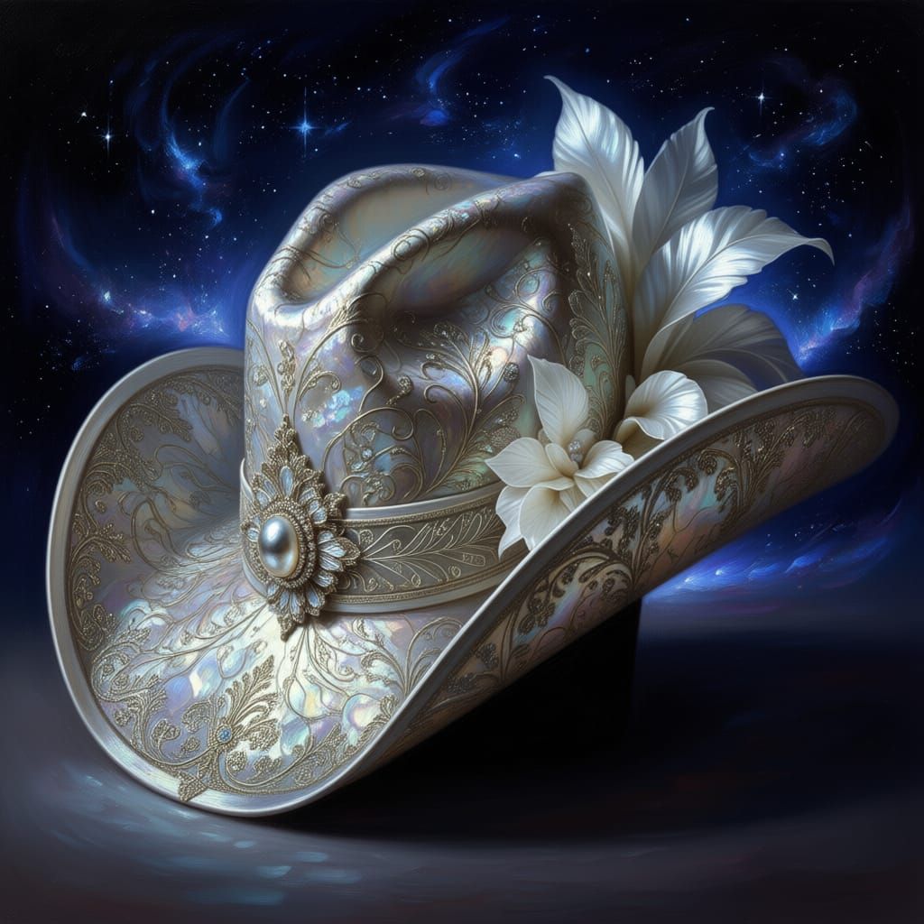 Iridescent Mother-of-Pearl Hat in Mystical Starlit Glow