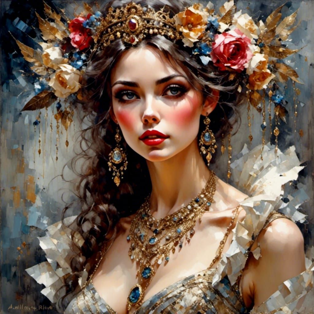 Ornate Portrait with Sparkling Jewelry as Impasto Painting