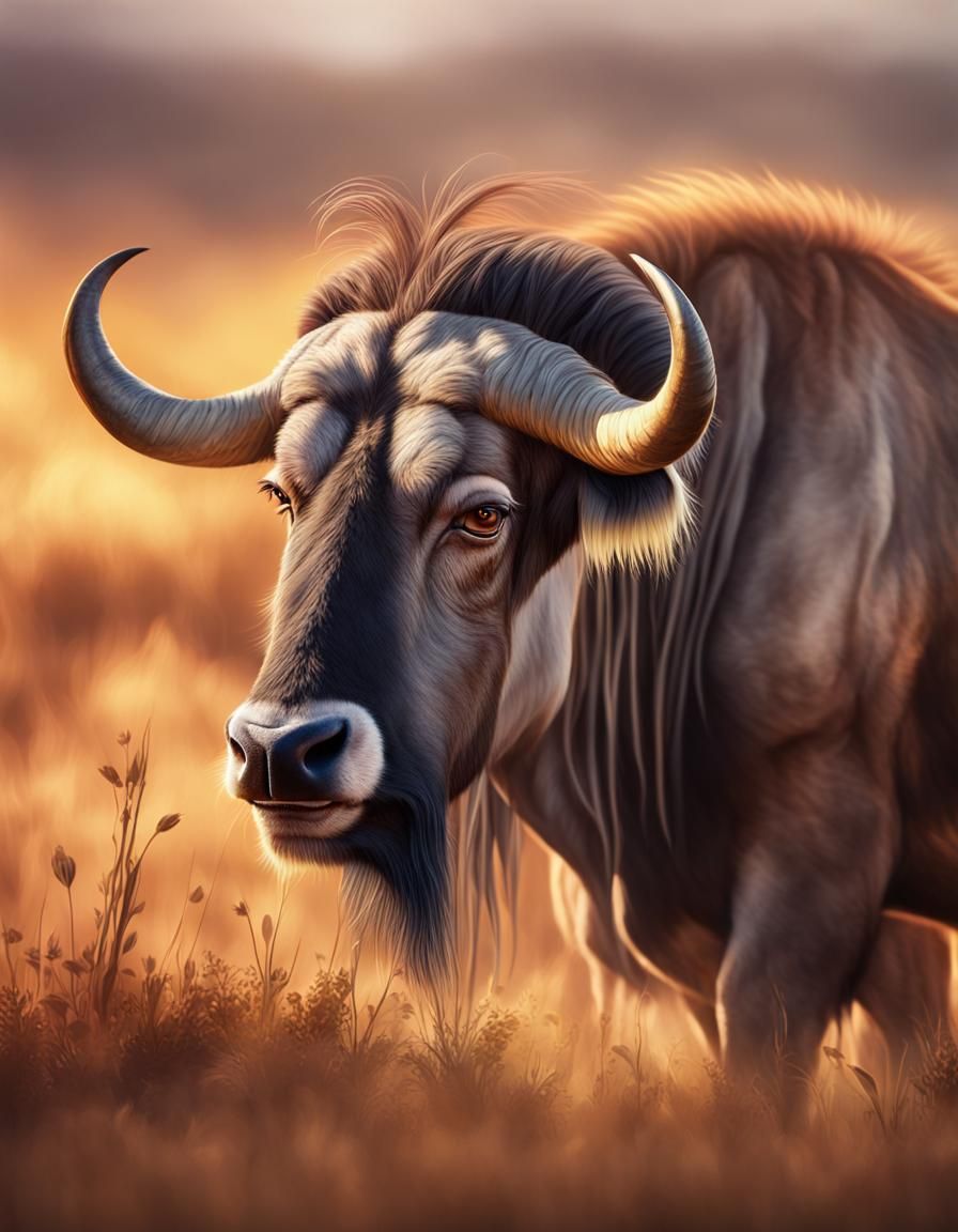 Hyperrealistic Gnu Portrait in Sunny Savannah