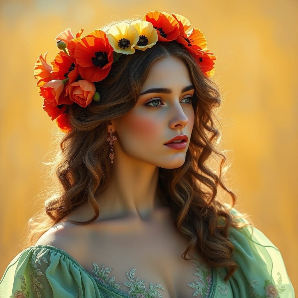 Ethereal Pre-Raphaelite Woman in Poppies Crown