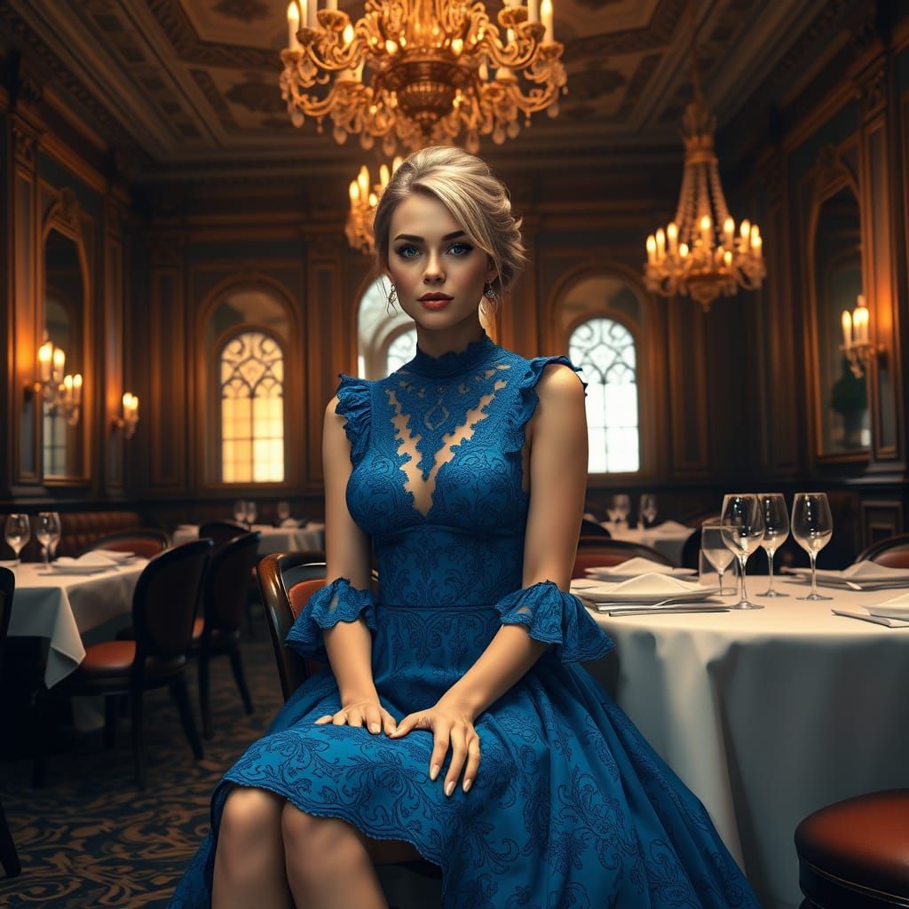 Elegant Woman in Blue Dress, Fantasy Concept Art