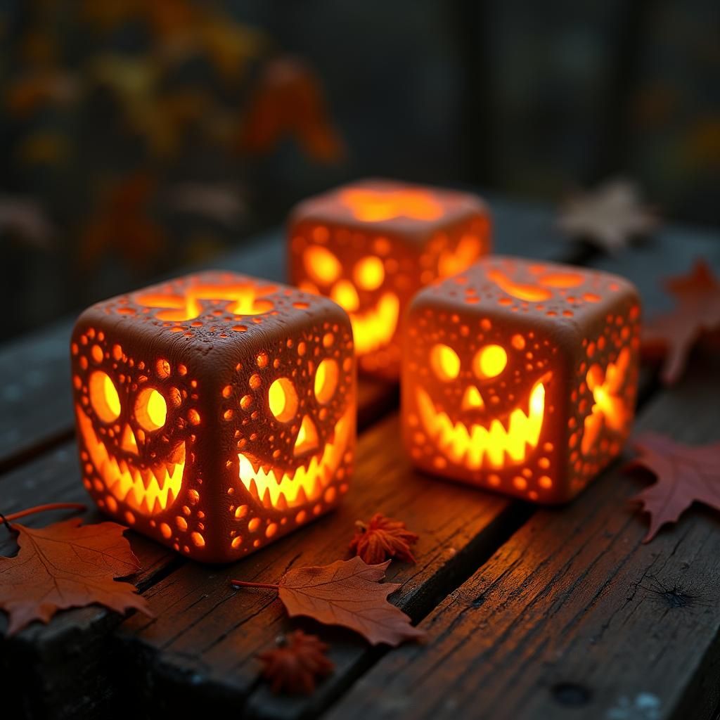 Ornate Jack-O-Lantern Dice in Warm Cinematic Still Life