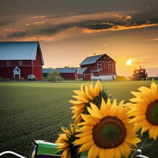 Picturesque Farmhouse at Sunrise with Sunflower Fields