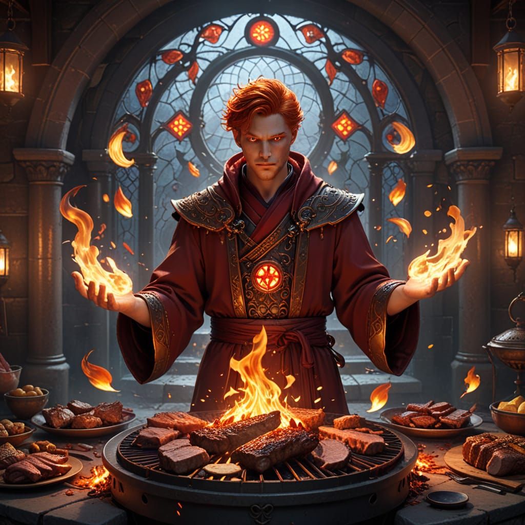 Red Mage Conjures Fire BBQ in Stained Glass Style