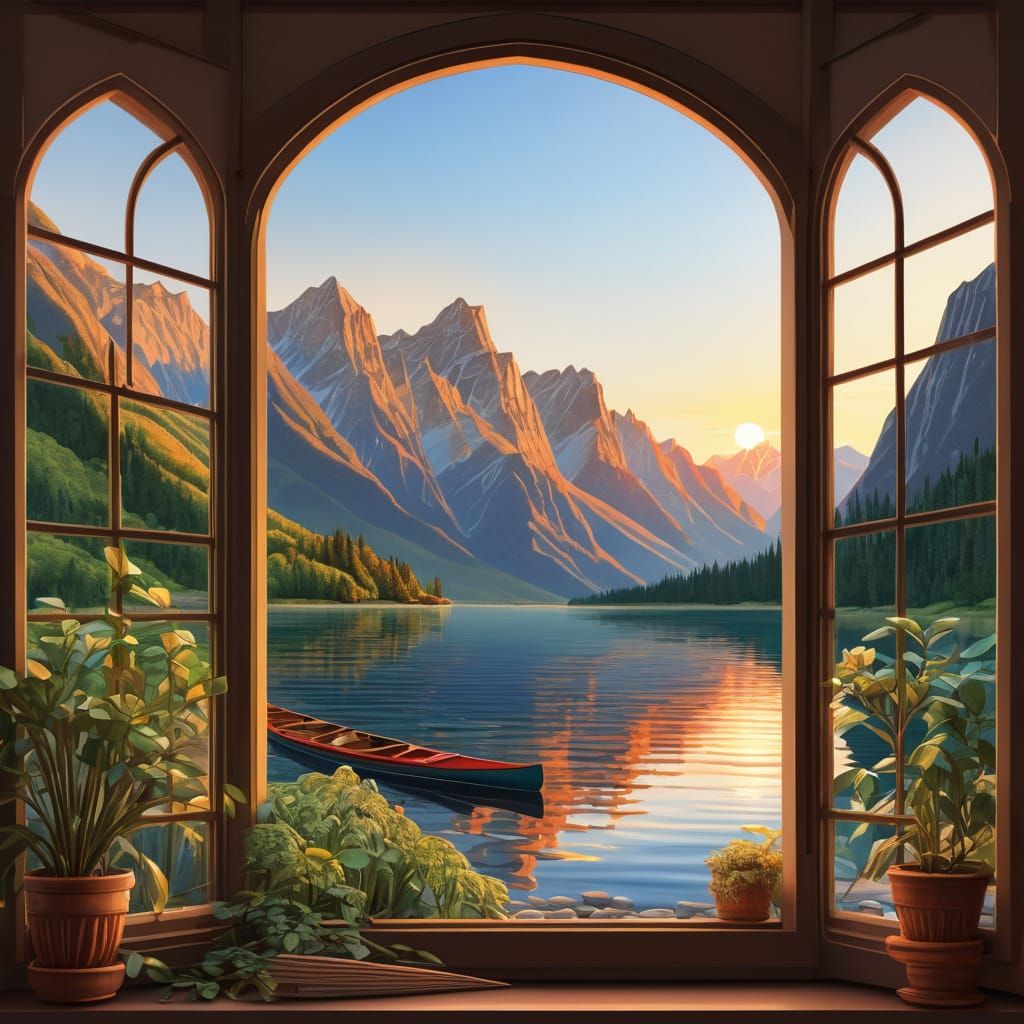 Realistic Window Scene with Mountain Lake and Canoes