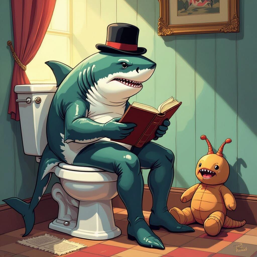 Shark Reads Book on Toilet With Bobbit Worm Plushie