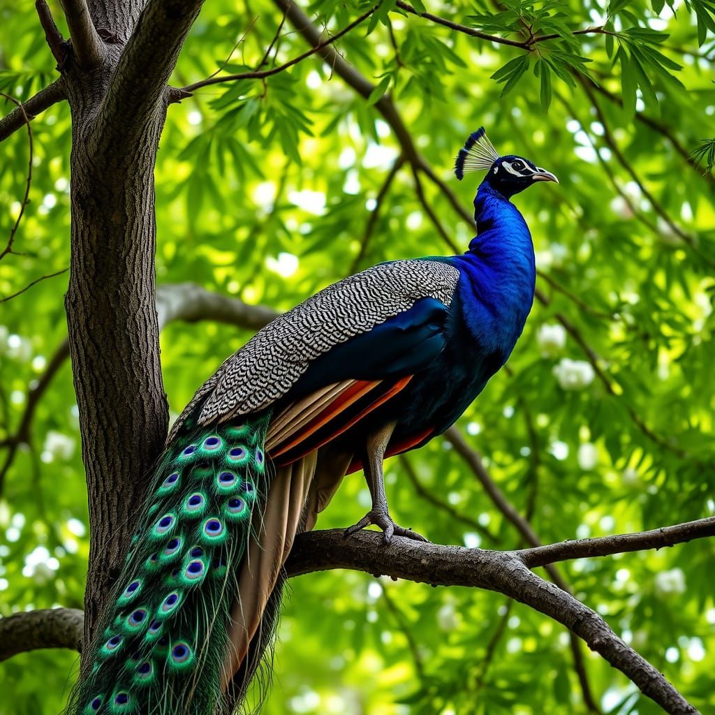 Majestic Peacock Displaying Plumage with Soft Bokeh