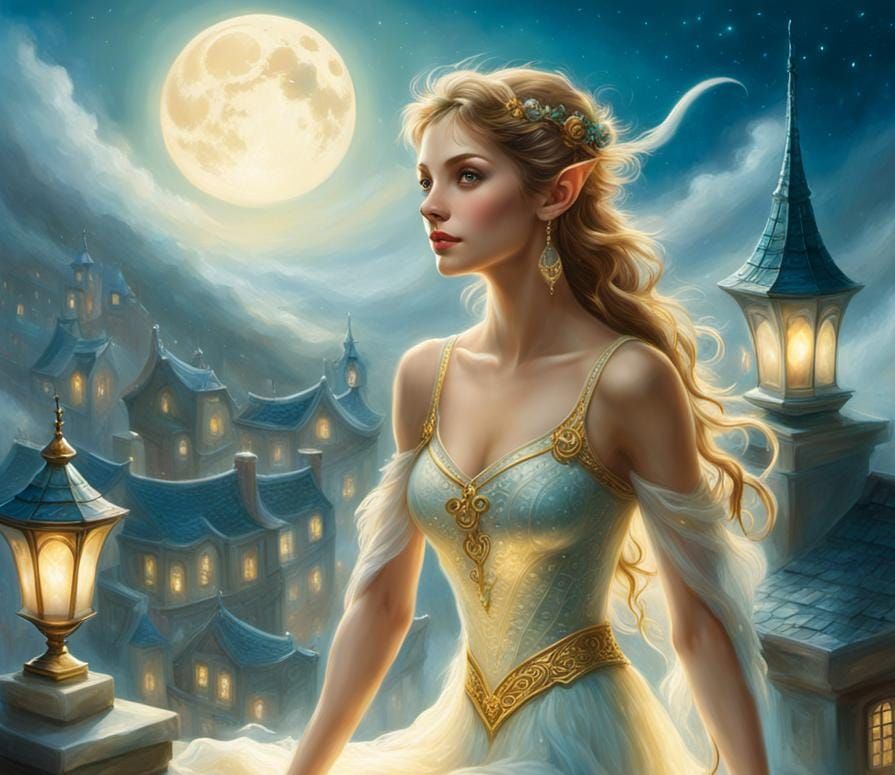 Playful Half-Elf on Rooftop in Ethereal Fantasy Style