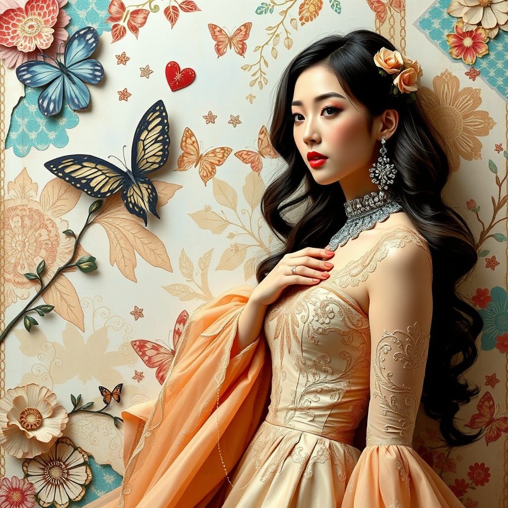 Glamorous K-Pop Idol in Decoupage Style