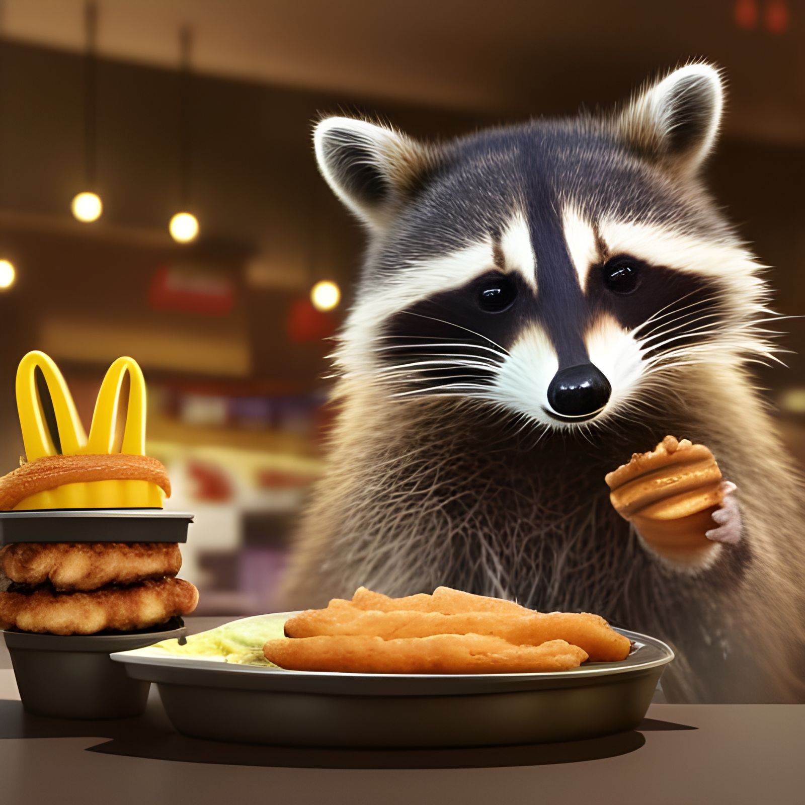 Raccoon in fast food restaurant
