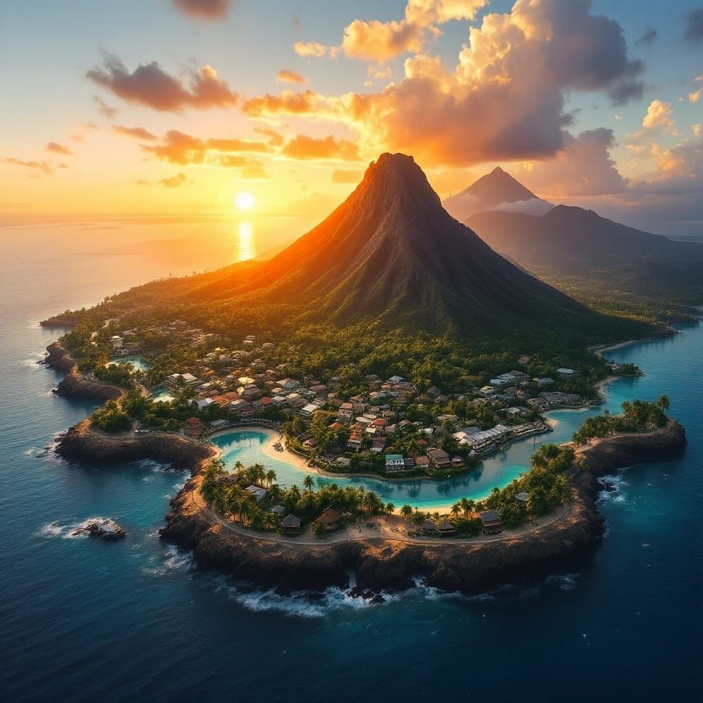Vibrant Hypermaximalist Town Amidst Tropical Volcano