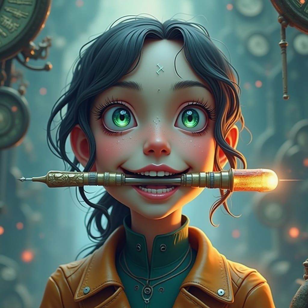 Woman in Steampunk Attire, Fixing Ancient Machinery with Det...