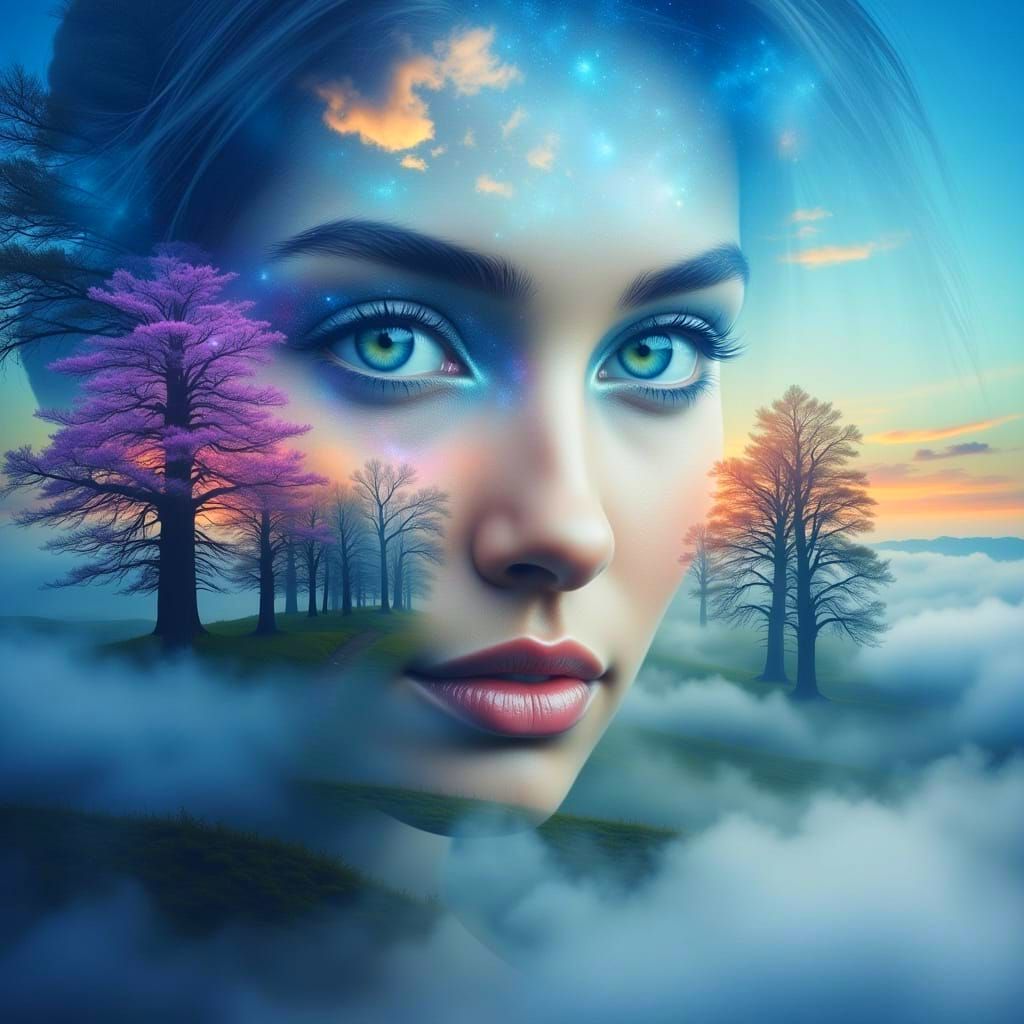 Surreal Woman Double Exposure Dreamscape Portrait