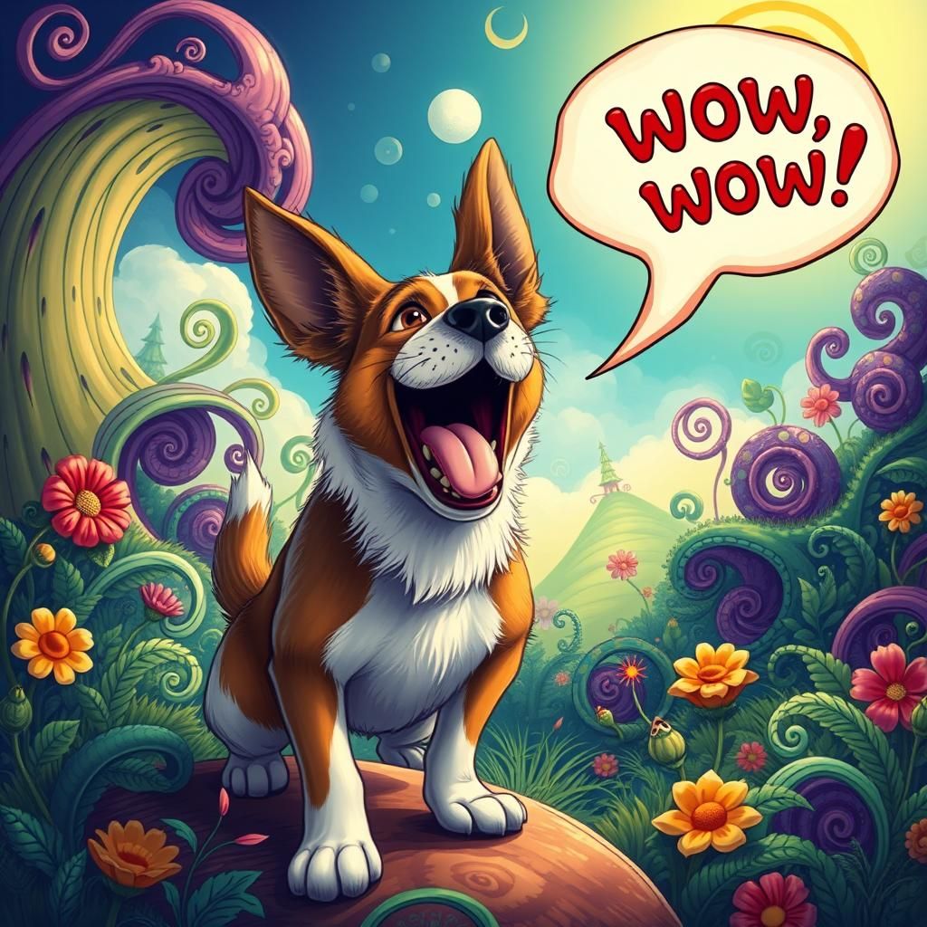Excited Dog Barking in Whimsical Anime Landscape