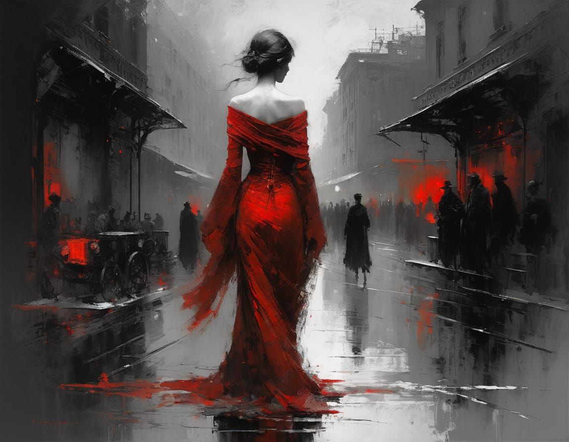 Crimson Tempest Monochrome Art in Expressionist Style