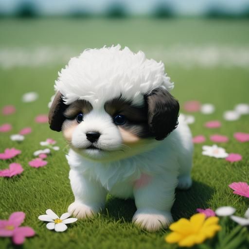 Cute Puppy Hovering Over Flowers in Hyperrealistic Style
