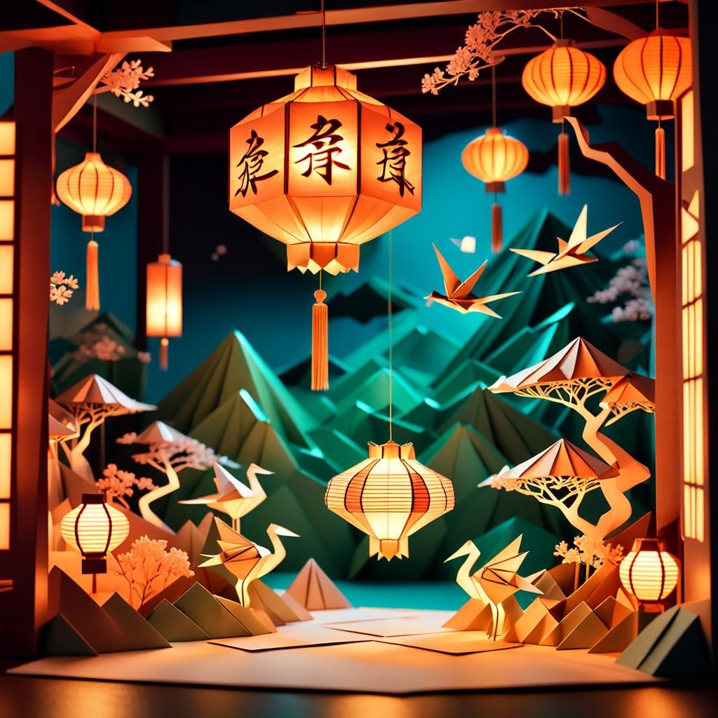 Serene Asian Paper Room in Surreal Papercraft