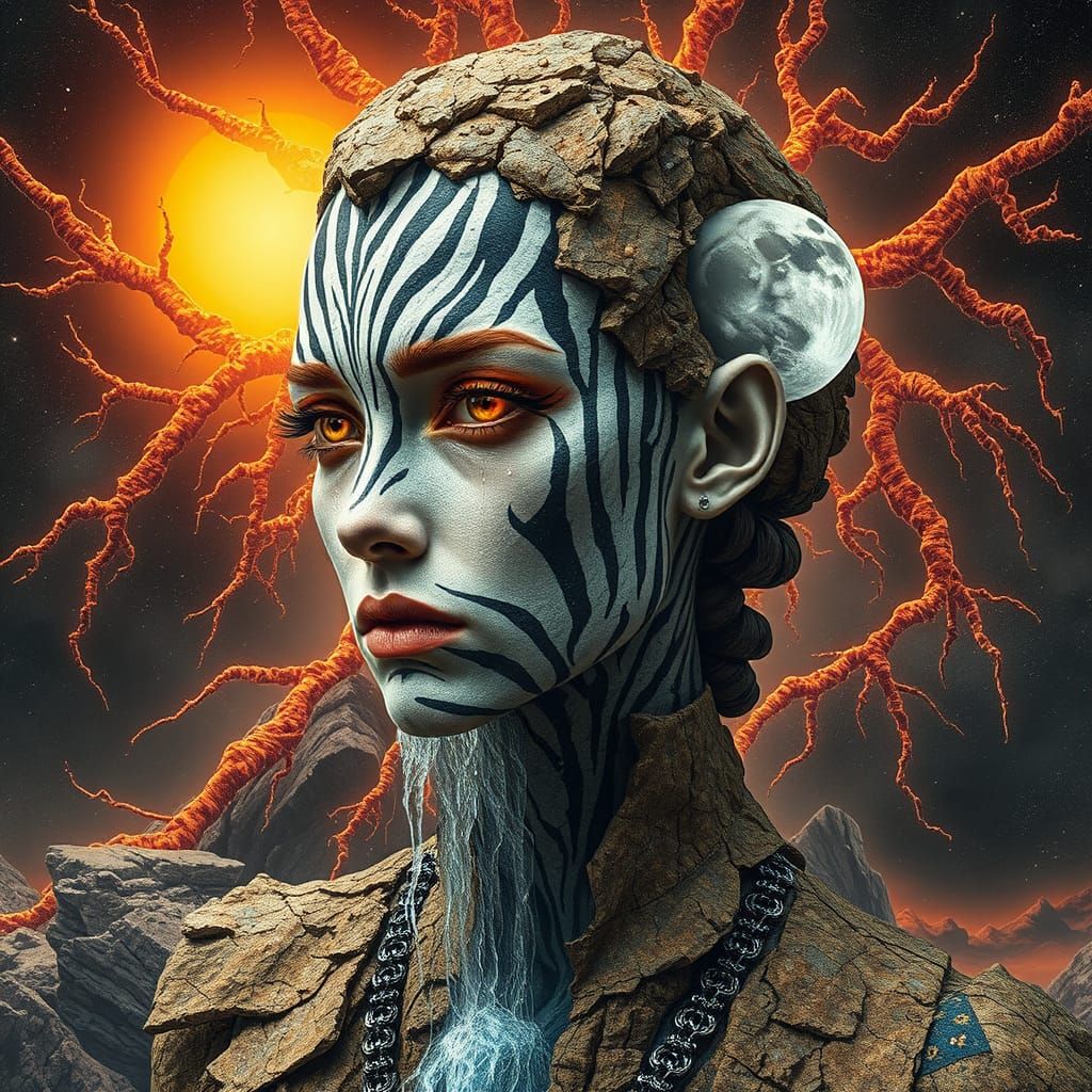 Surreal Transhumanist Woman Merged with Mycelium Network