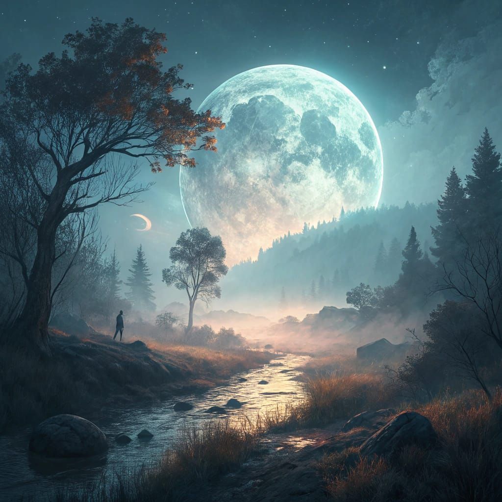 Ethereal Full Moon Over Misty Landscape in Digital Art Style