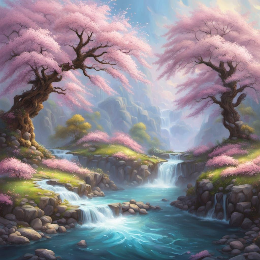 Floating Island Cherry Blossoms in Hyperdetailed Digital Pai...