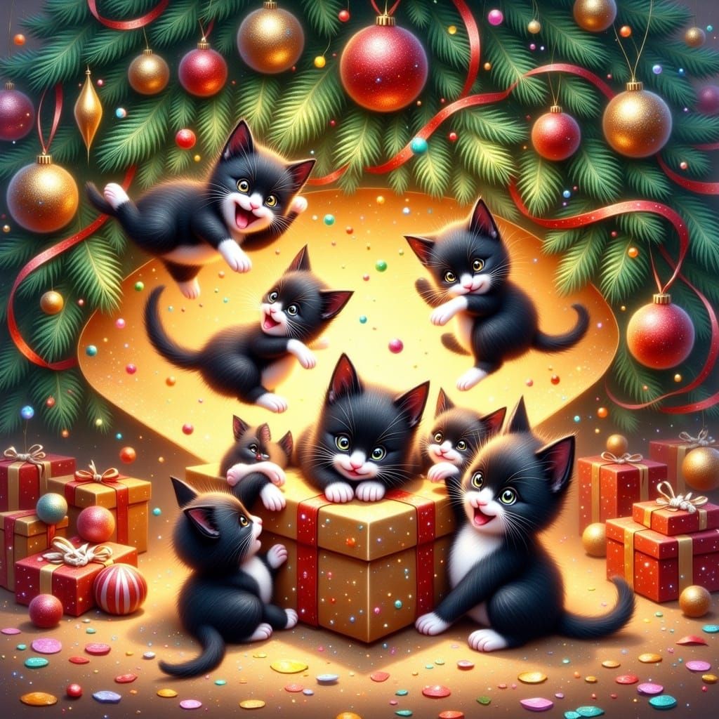 Whimsical Tuxedo Kittens Emerge from a Christmas Present, Su...