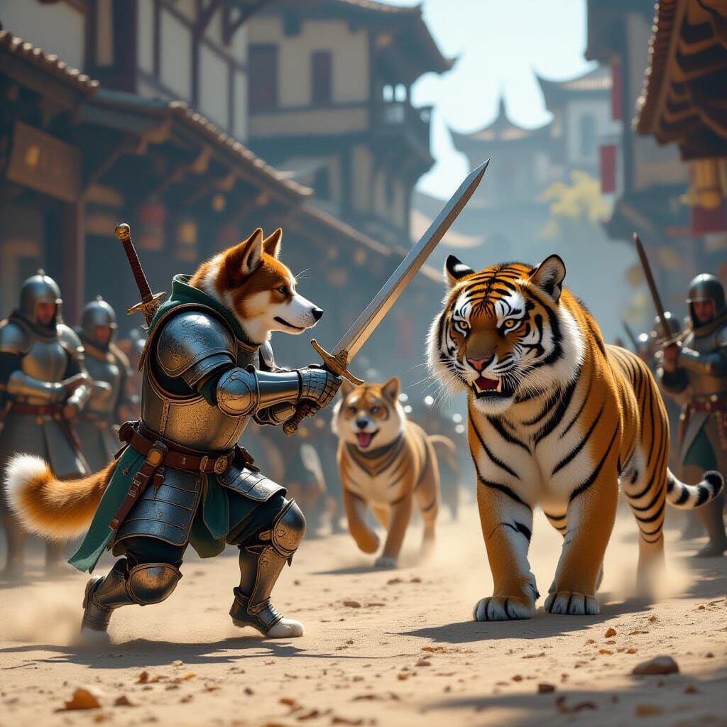 Dogs in Armor Battle Tiger in Cinematic Style