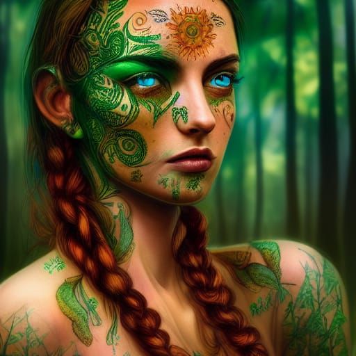 Mystical Forest Woman with Henna Tattoo Portrait