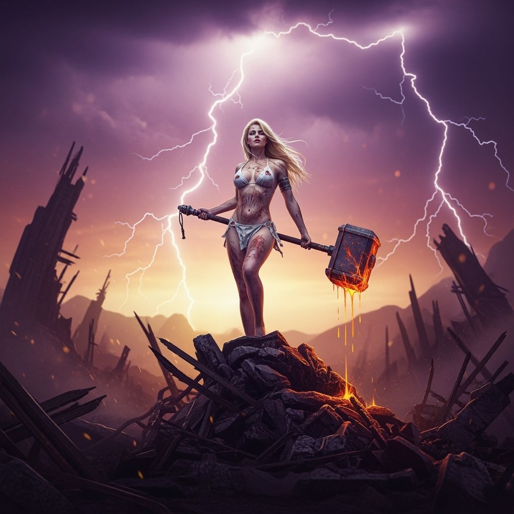 Victorious Woman with Warhammer in Dark Fantasy Style