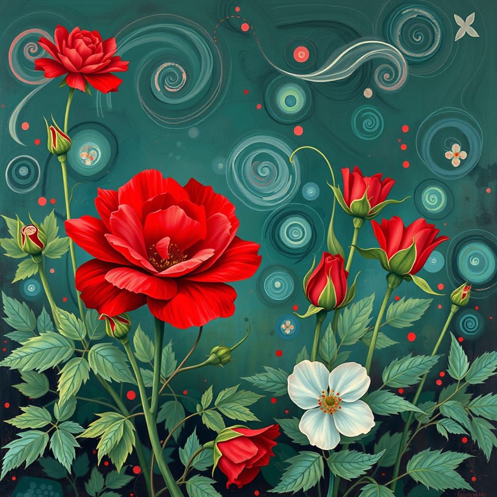 Fire Red Roses in Garden, Murakami-Inspired Acrylic Art