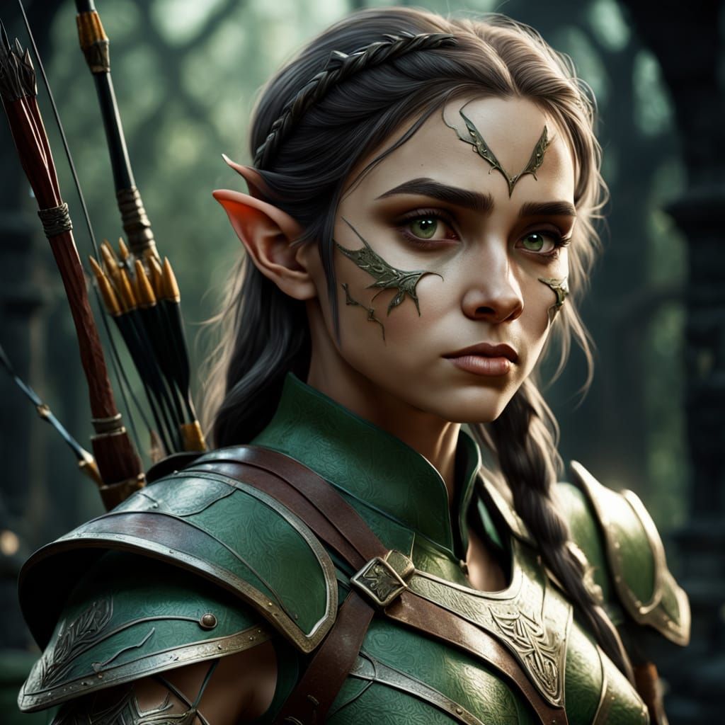 Elven Archer in Dark Fantasy, Photorealistic Art
