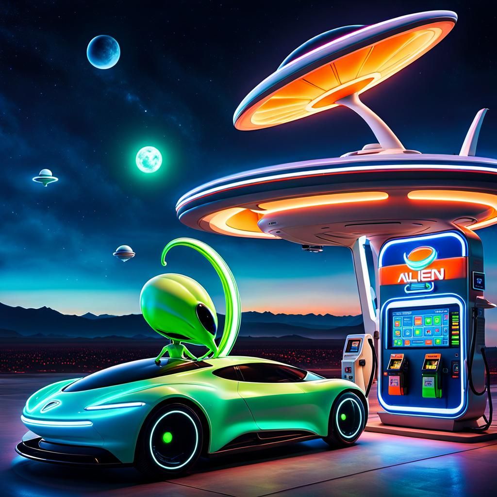 Sleek Alien Spacecraft Refuels at Futuristic Gas Station