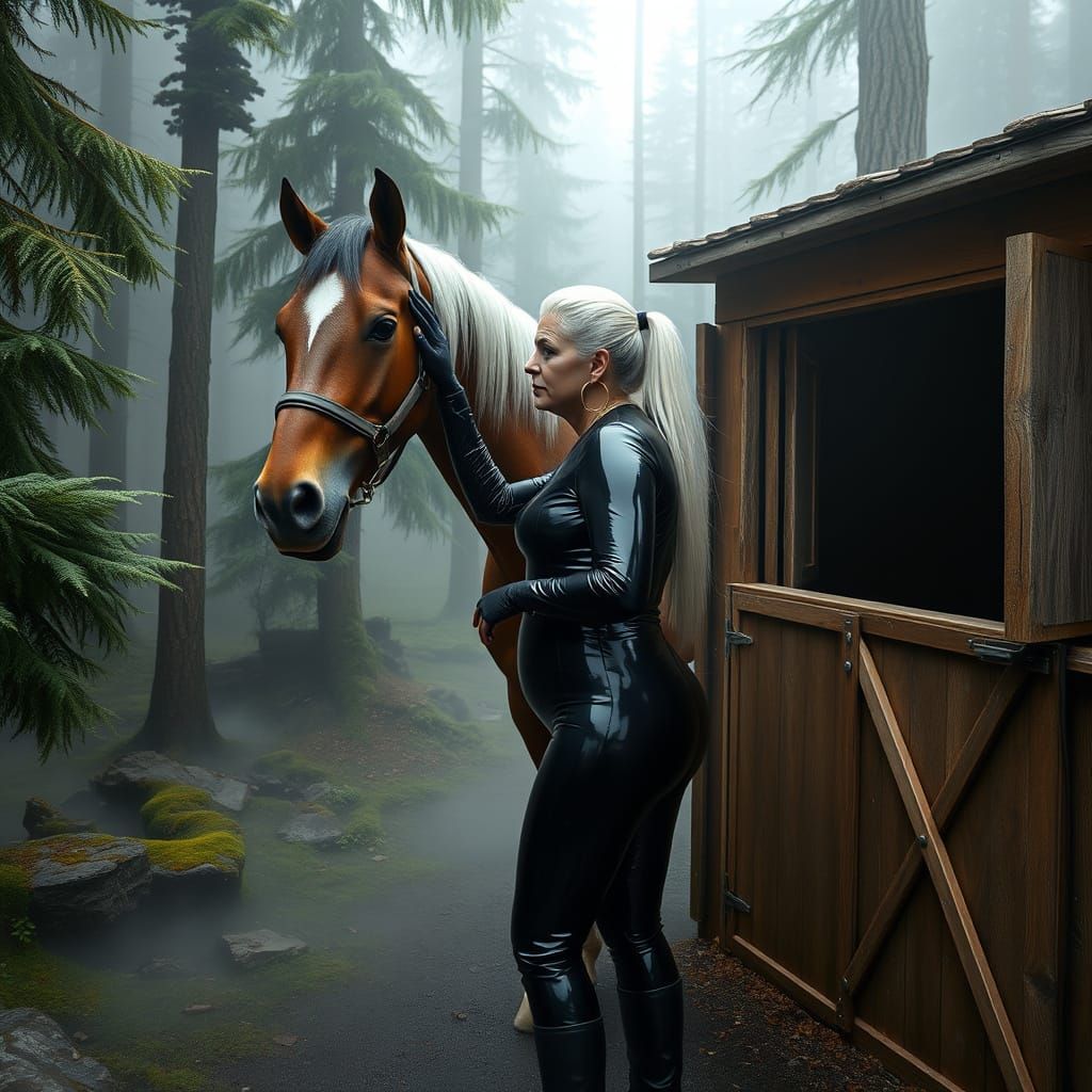 Elderly Woman in PVC Catsuit Grooming Mare