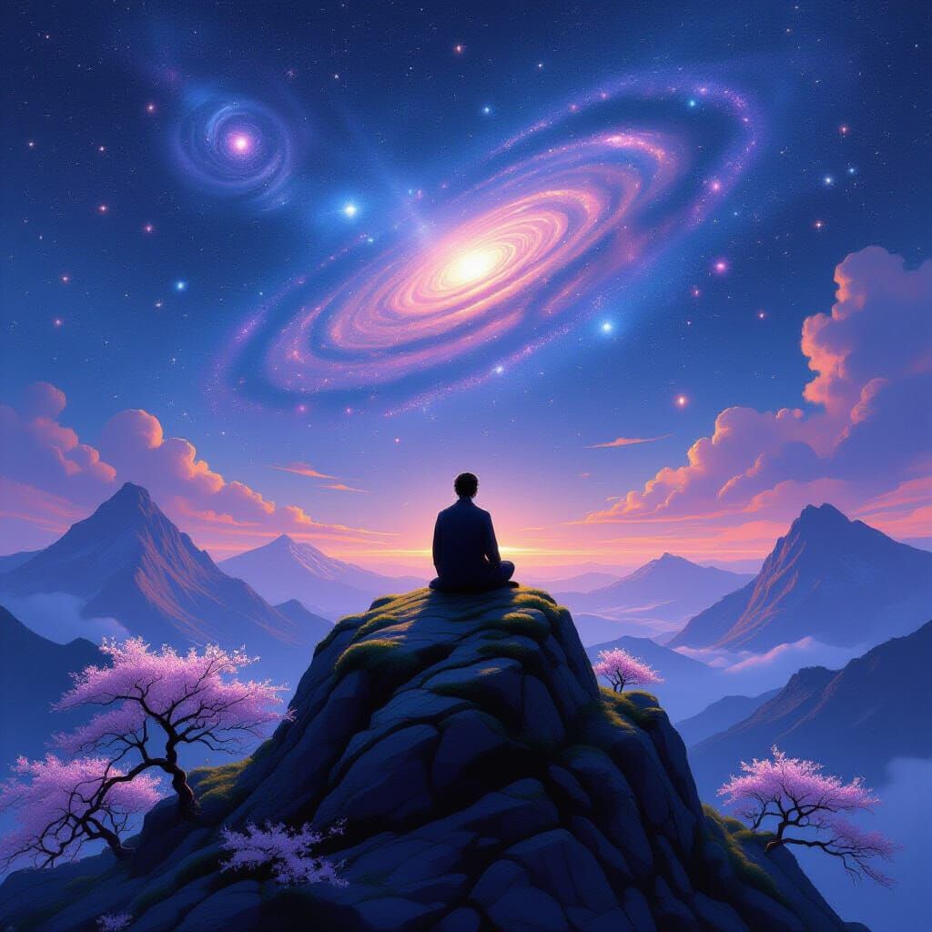 Figure Contemplates Galaxies from Mossy Mountain Top