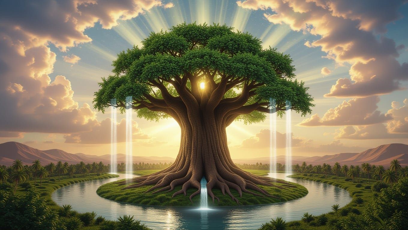 Surreal Landscape with Luminous Lote Tree, Radiant Roots and...