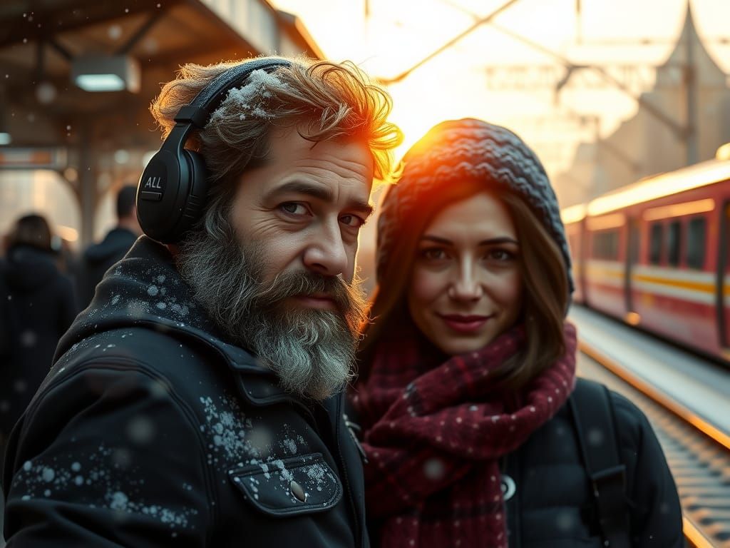 Couple at Snowy Train Station with Dynamic Lighting
