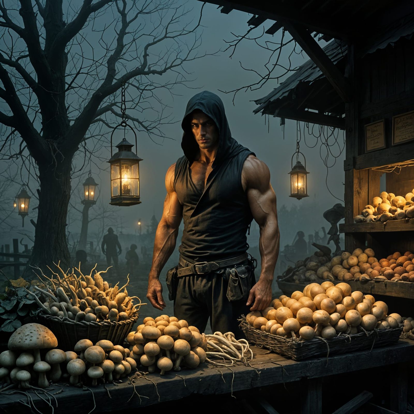 Mysterious Farmstand at Dusk with Shadowy Figure