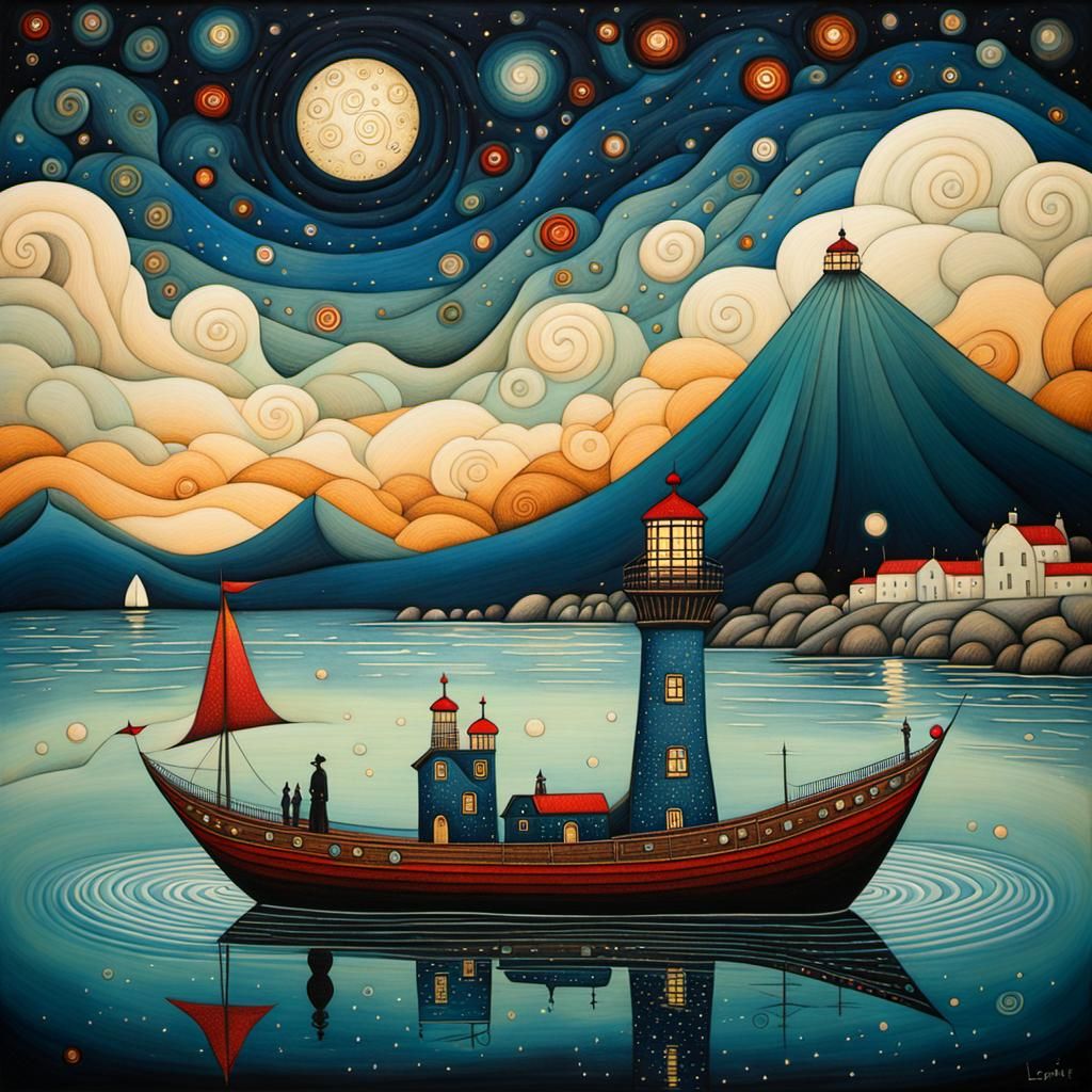 Art Brut Lighthouse Under Starry Sky
