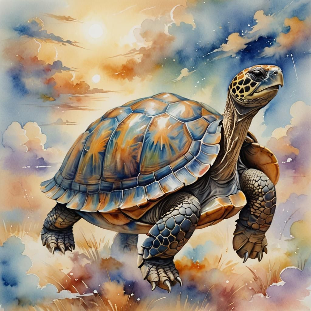Whimsical Tortoise in Watercolor Clouds
