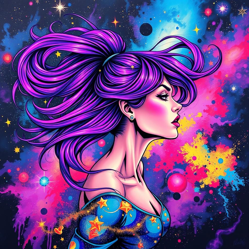 Cosmic Woman Soaring Through Space in Mixed Media