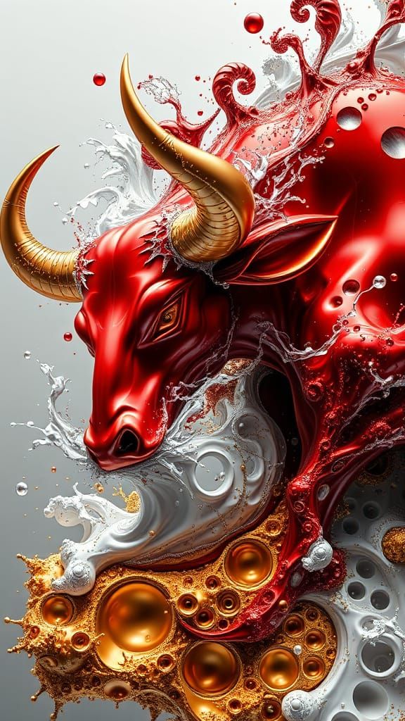 Surreal Fractal Art of a Red Bull in Turbulent Liquid