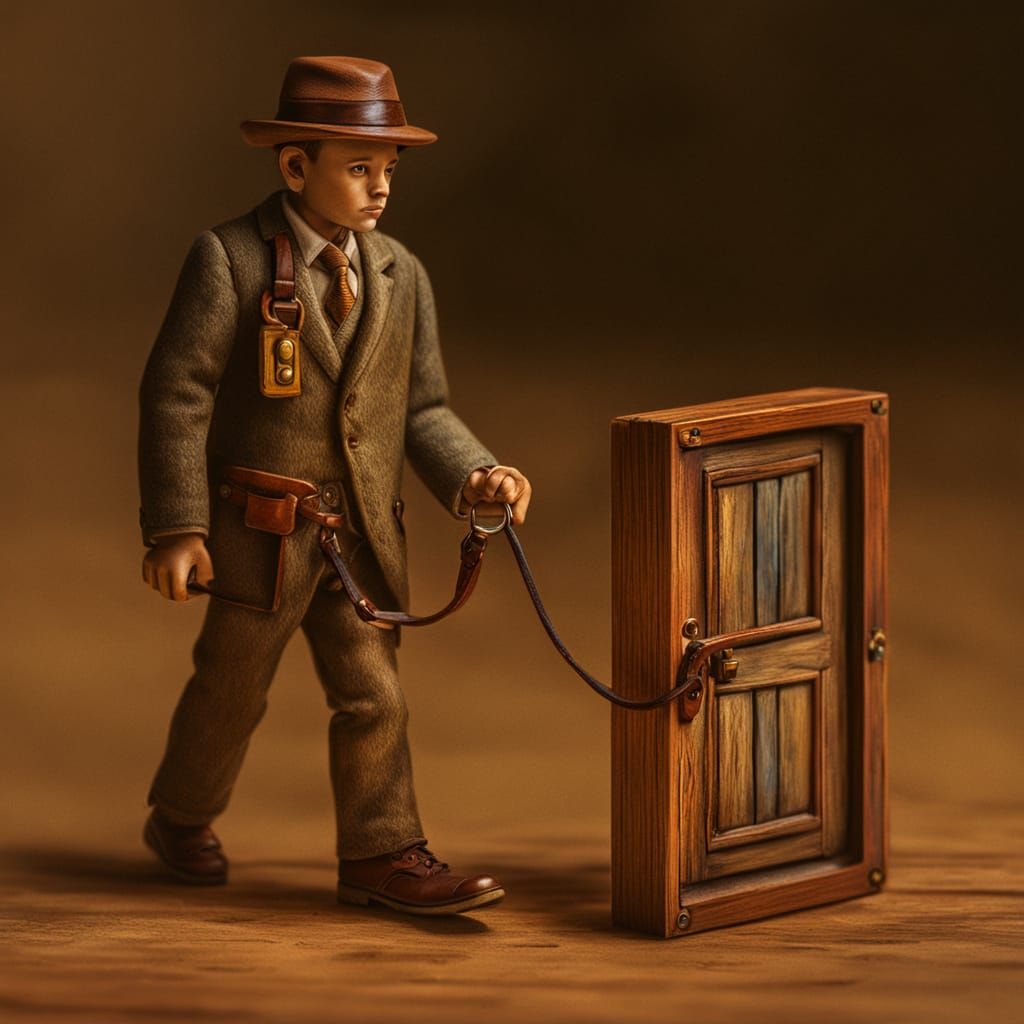 Surreal Miniature: Person Walks Wooden Door on Leash