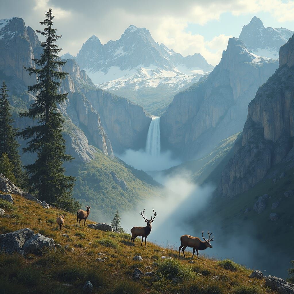 Breathtaking Springtime Mountain Scene with Majestic Waterfa...