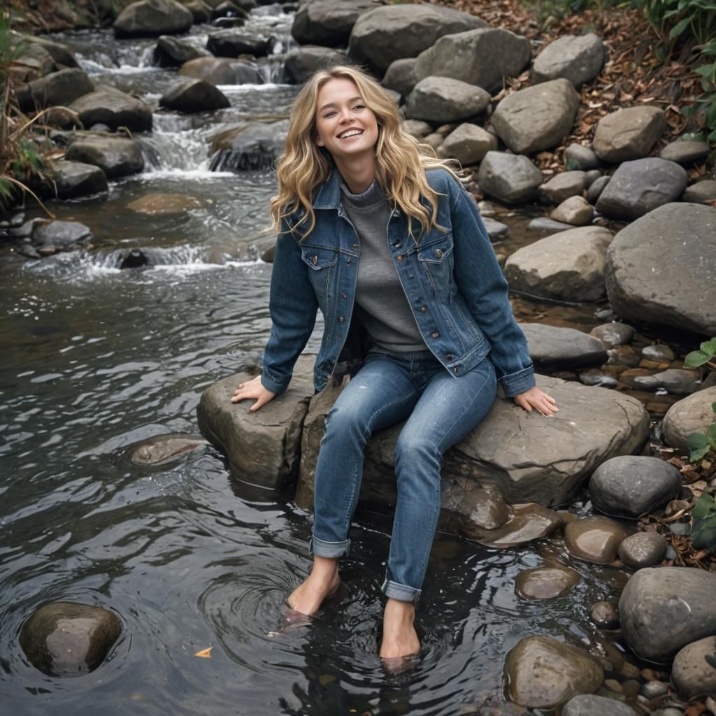 Blonde Woman Cooling off in Stream: Photorealistic 3D Image