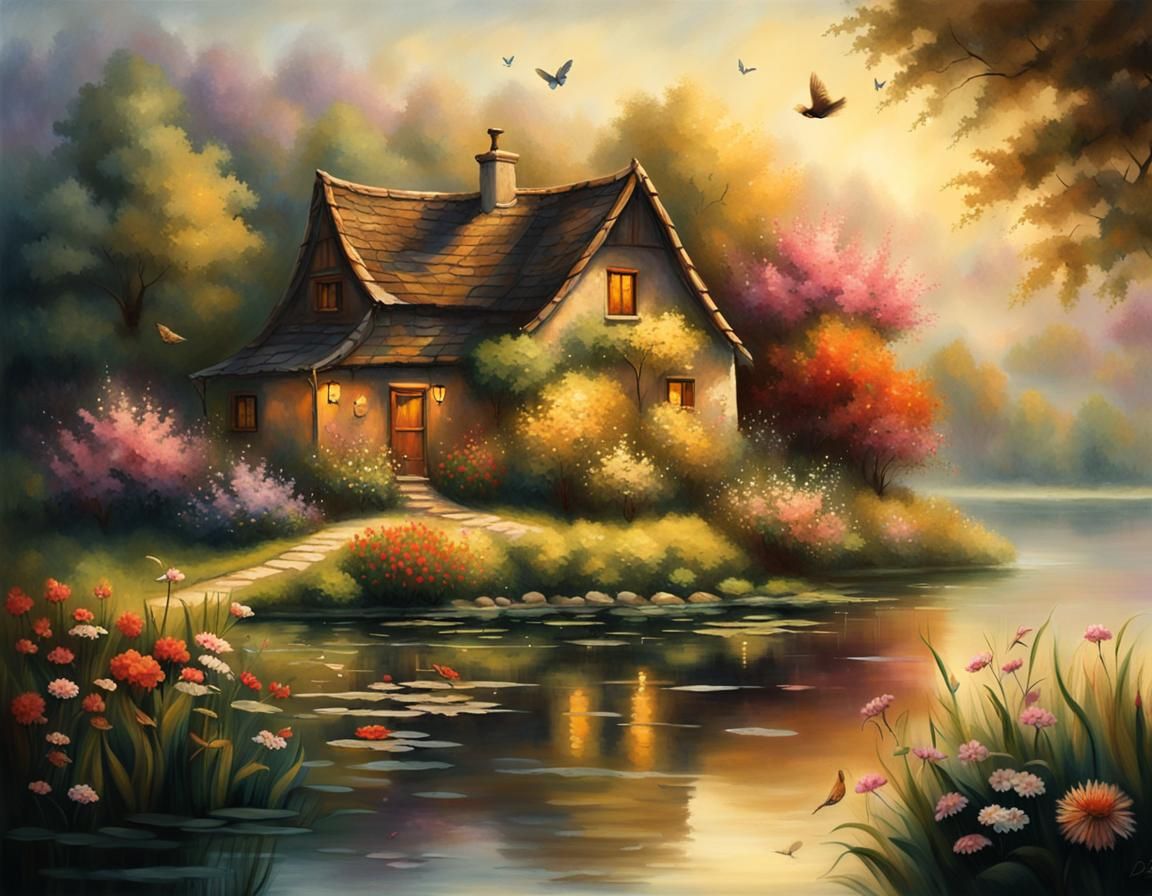 Idyllic Lakeside House in Chiaroscuro Sfumato Style
